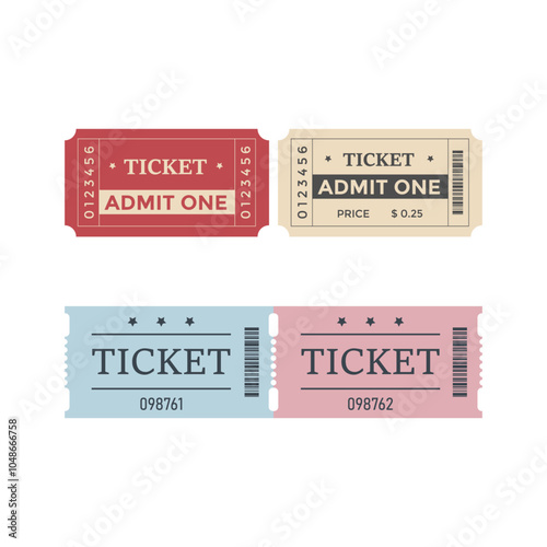 Set of tickets. Vector illustration of tickets with barcode image and inscriptions: ticket, admission one, number, price