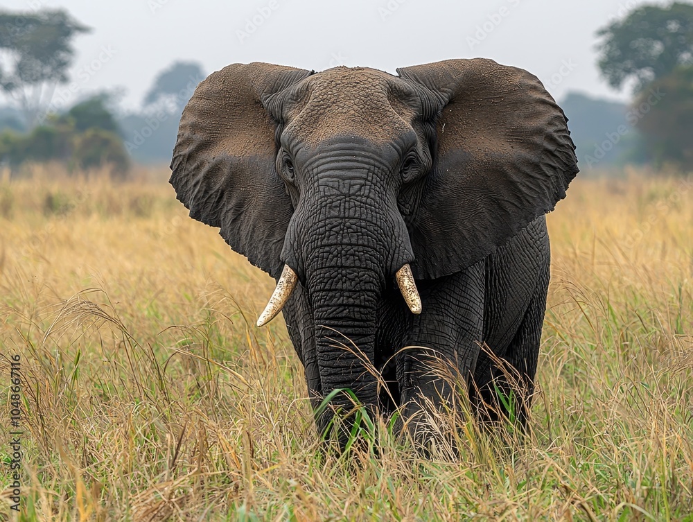 Naklejka premium A majestic elephant stands in tall grass, showcasing its large ears and tusks against a blurred, natural background.