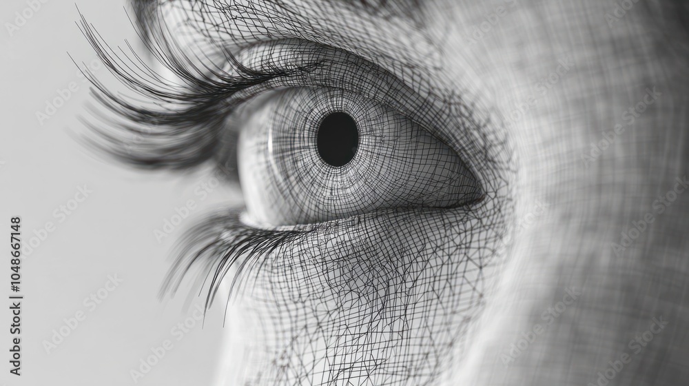 Fototapeta premium Closeup of a human eye rendered in a digital wireframe mesh, a modern illustration of the concept of digital reality, AI, or artificial intelligence.