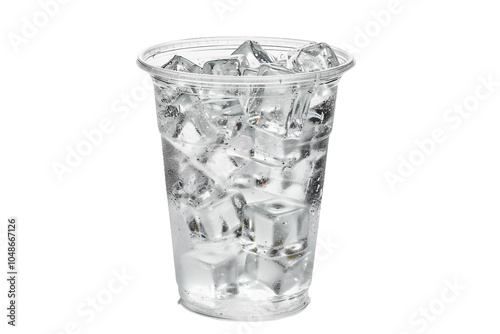 Clear plastic cup filled with ice cubes isolated on transparent background