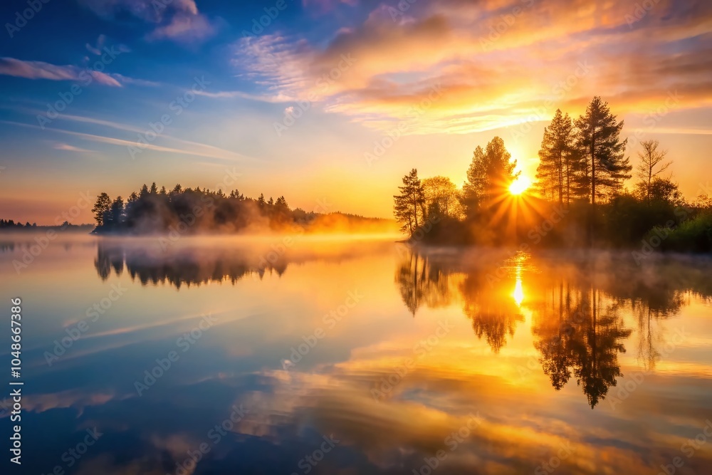 Obraz premium Serene Sunrise Over Foggy Lake - Tranquil Morning Landscape Photography