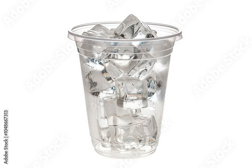 Cold transparent plastic cup with refreshing ice isolated on transparent background
