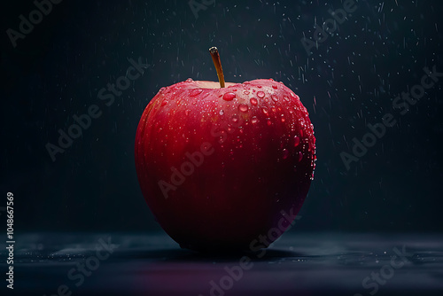 Red apple with water droplets on dark background