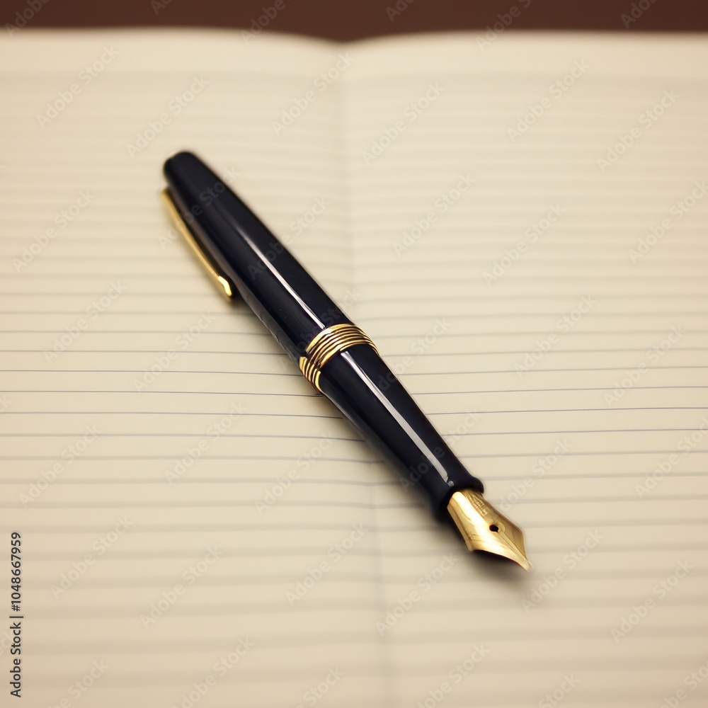 A fountain pen resting on an open lined notebook. A fountain pen resting on an open lined notebook.