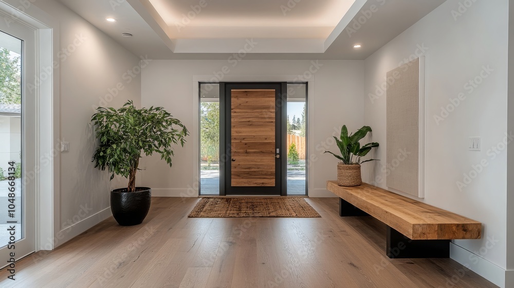 Fototapeta premium Modern Front Entryway with Wooden Door and Bench