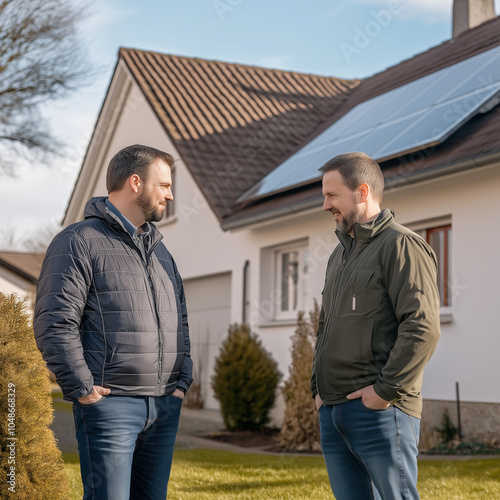 Two Middle Aged Men Talking In Front Of A House With Solar Panels photo