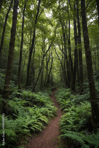 Vertical view of a narrow path through a dense forest