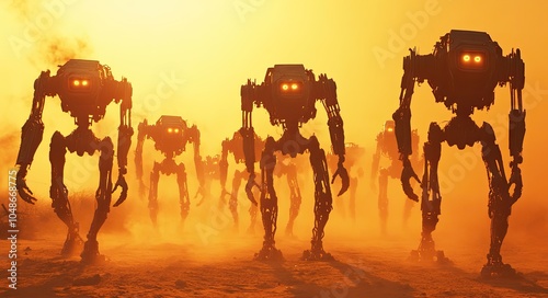 A group of large, scary robots with glowing eyes standing in formation on the battlefield. Dust and smoke billow behind them photo