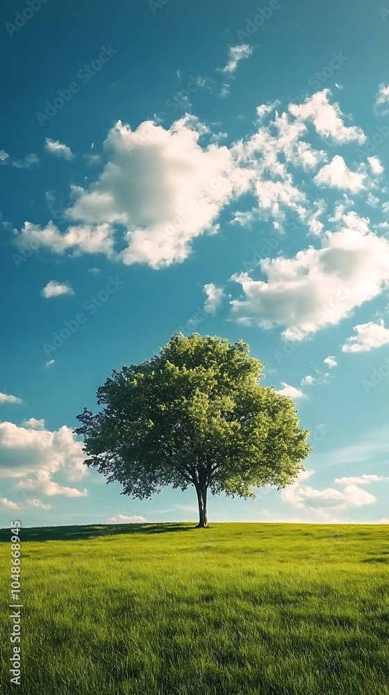 Fototapeta premium Green meadow thrives beneath the clear, radiant blue sky above.