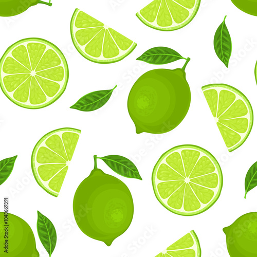 Lime background. Seamless pattern with green citrus fruits with leaves on white background. Vector cartoon flat illustration.