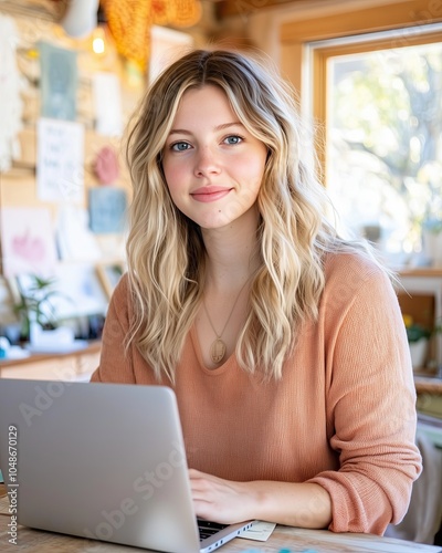 Free Download A Young Entrepreneur Focuses on Her Laptop in a Sunlit, Minimalist Office Space - GFXLoad