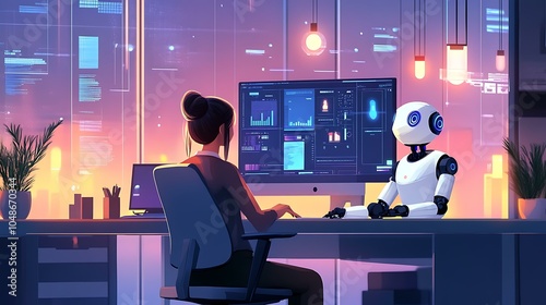 Woman working with an AI robot assistant in a high-tech office
