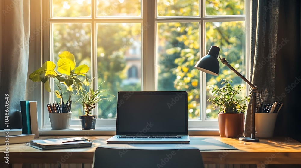 Fototapeta premium A professional setup for remote work, including ergonomic chair, laptop, and natural lighting