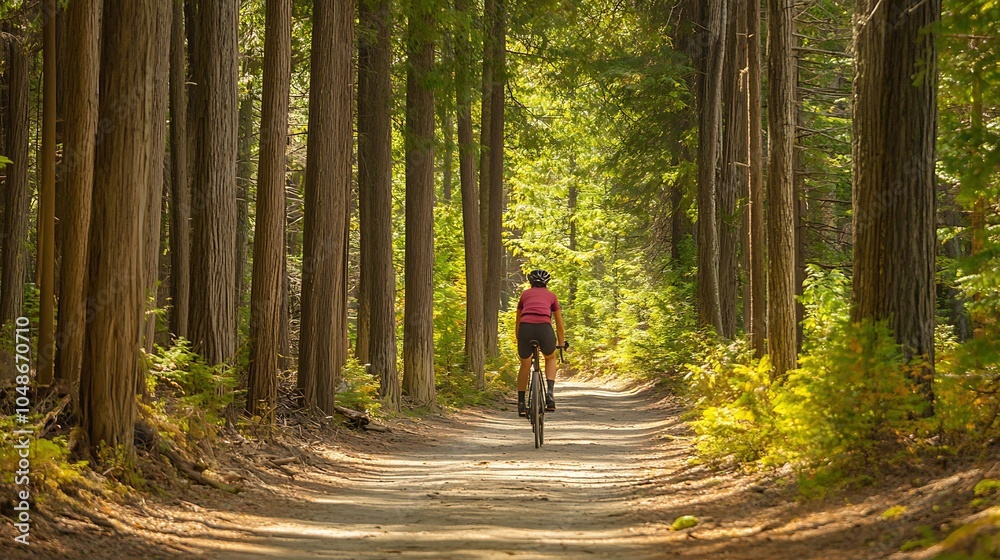 Obraz premium Cyclist riding through a forest trail, surrounded by tall trees