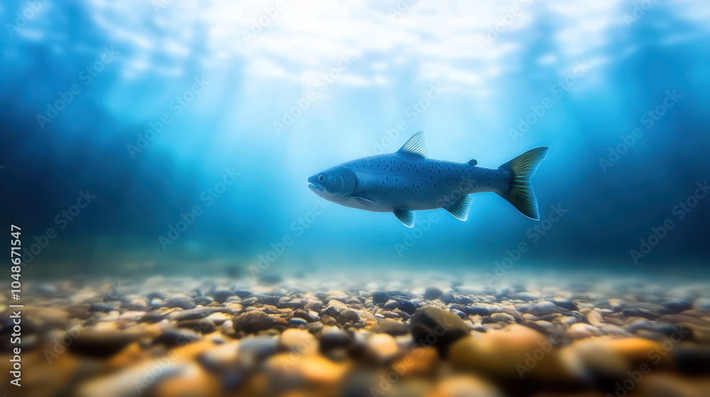 Obraz premium serene underwater scene featuring fish swimming gracefully over bed of pebbles, illuminated by soft sunlight filtering through water. tranquil environment evokes sense of calm and beauty