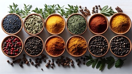 Papier peint photo Cuisine Curated Collection of Fragrant Spices and Fresh Herbs on Minimalist White Surface  © Khukrit