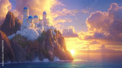 Majestic Coastal Village on Cliffs – Santorini Inspired Fantasy