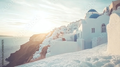 Santorini at Sunset – White Houses on a Cliff with Warm Golden Light