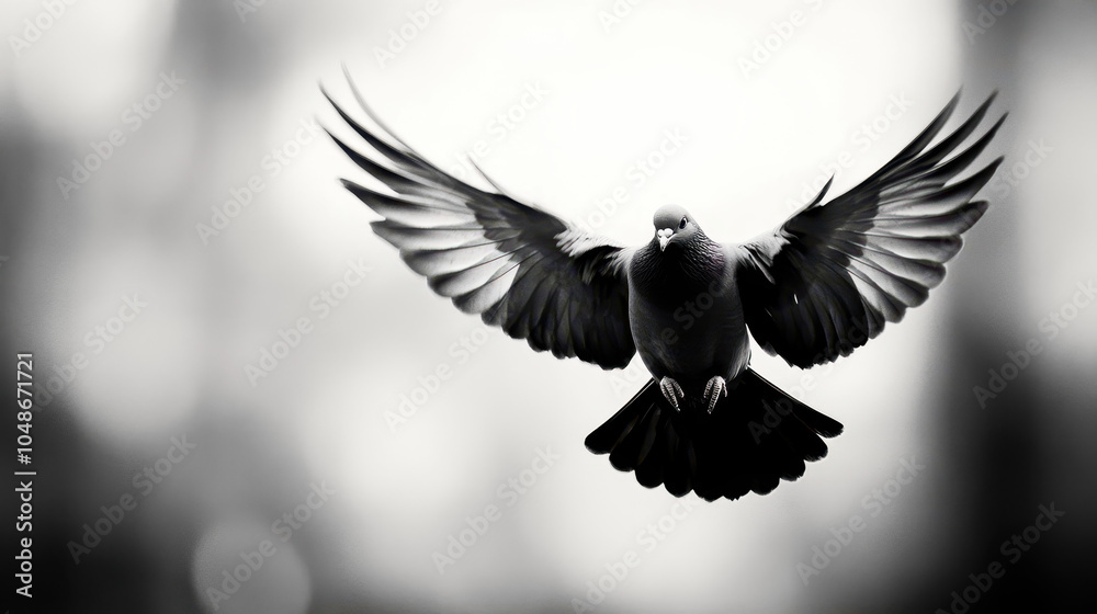Obraz premium majestic bird in flight, showcasing its wings in stunning black and white composition. image captures grace and beauty of bird as it soars through air, evoking sense of freedom and elegance