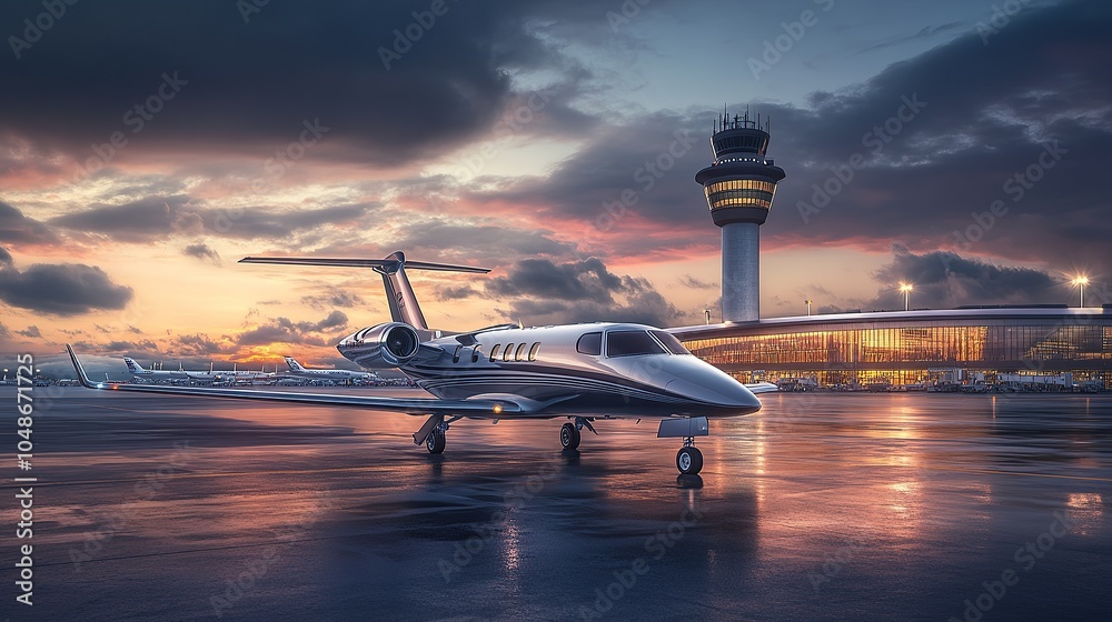Fototapeta premium Private Jet Parked at Dawn, Illuminated by Airport Lights