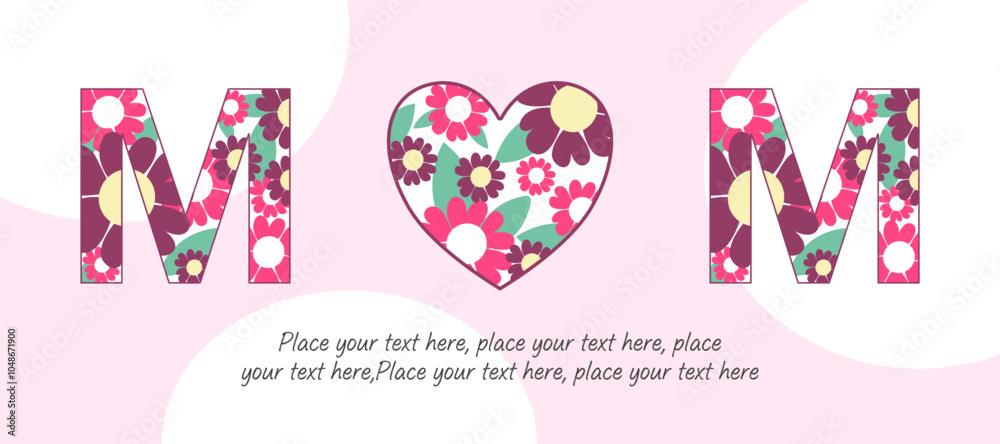 Fototapeta premium Happy Mothers Day, Womens Day and birthday card simple illustration with flowers, leaves, hand drawn floral art on pink background for horizontal posters, web banners, covers, and social media