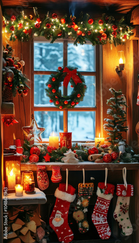 product display background, a cozy log cabin filled with Christmas decorations, roaring fireplace casts a warm light over stockings, garlands and glowing candles, snow landscape, holiday charm