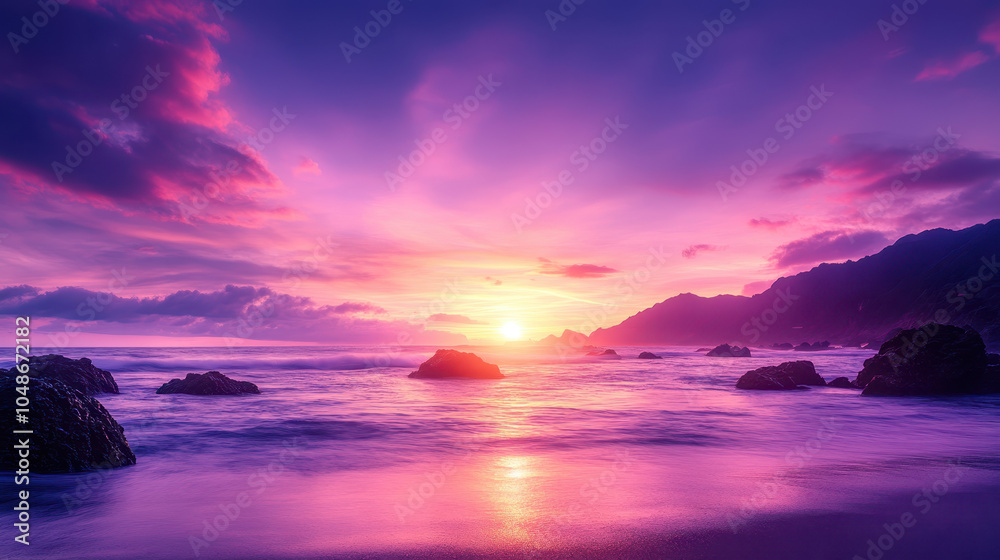 Fototapeta premium breathtaking sunset over ocean, with vibrant purple and pink hues illuminating sky and reflecting on water. rocky shoreline adds depth to this serene landscape