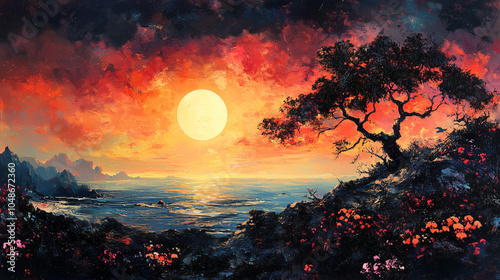 A vibrant and dramatic sunset over the ocean, with a lone tree on a rocky cliffside, creating a sense of tranquility and beauty