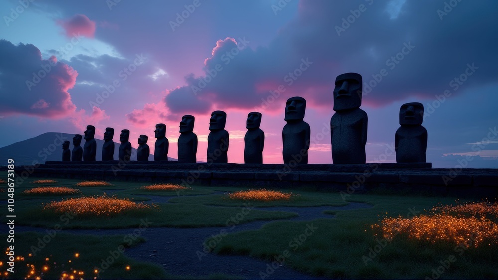 Row of moai statues at twilight with a pink and purple sky backdrop Row of moai statues at twilight with a pink and purple sky backdrop