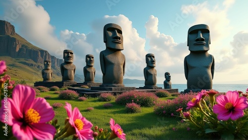 Moai statues surrounded by blooming flowers, merging cultural heritage with the natural beauty of Easter Island