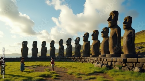Moai statues with a person nearby, highlighting the scale and cultural reverence of these ancient figures on Easter Island