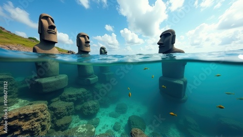 Partially submerged Moai statues in clear water, blending the mystery of Easter Island with an underwater perspective