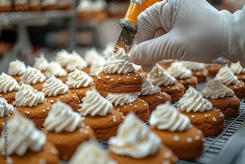 A gloved hand piping frosting onto a row of freshly baked gingerbread cookies photo