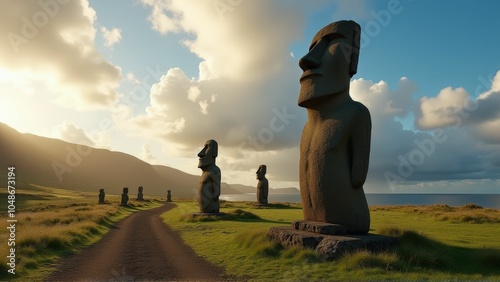 Moai statues standing on green plains under a partly cloudy sky