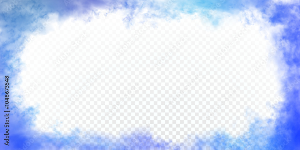 Blue realistic clouds around the horizontal 2 to 1 size rectangular frame with empty space for text or inscription. Vector sea or sky azure color haze isolated on transparent background. Blue realistic clouds around the horizontal 2 to 1 size rectangular frame with empty space for text or inscription. Vector sea or sky azure color haze isolated on transparent background.