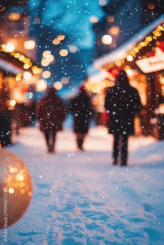 Snowy street with festive lights and blurry figures