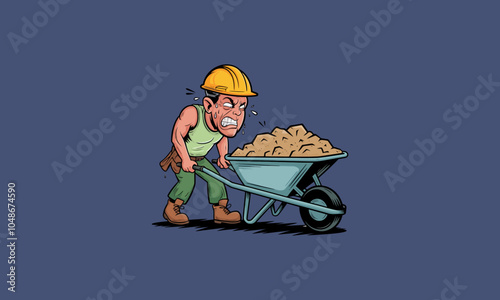Construction worker pushing a heavy wheelbarrow of rocks.