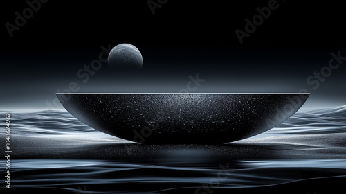 Futuristic black bowl, calm water surface, cosmic background, artistic composition, copy space
