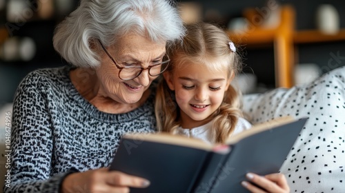 Great Grandma and Great Granddaughter Sharing Joyful Moments realding a book photo