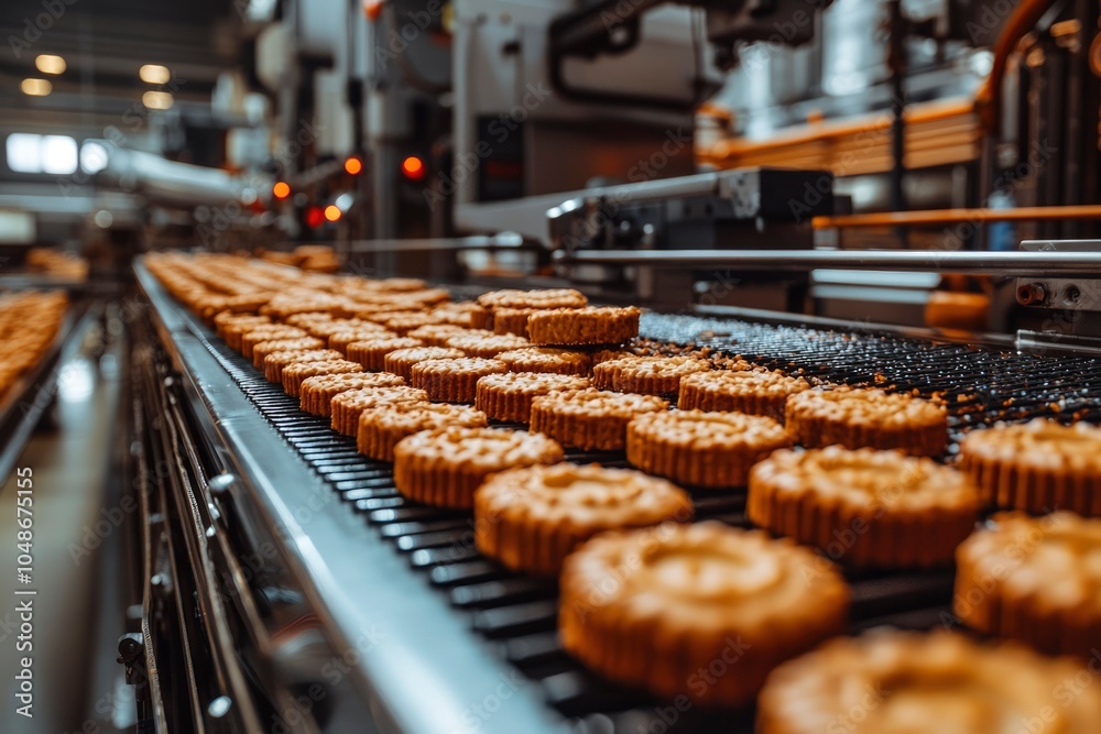 Cookies on a Conveyor Belt in a Factory Cookies on a Conveyor Belt in a Factory