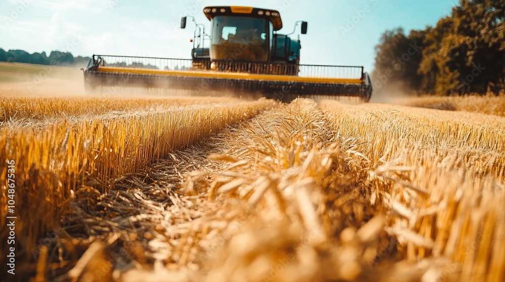 Obraz premium Close-up of organic grain harvesting process featuring golden wheat fields, modern agricultural machinery, and sustainable farming methods for high-quality crop production