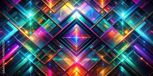 A vibrant abstract composition featuring a central diamond shape surrounded by intersecting geometric shapes, all bathed in an array of glowing colors and a twinkling, starry background.