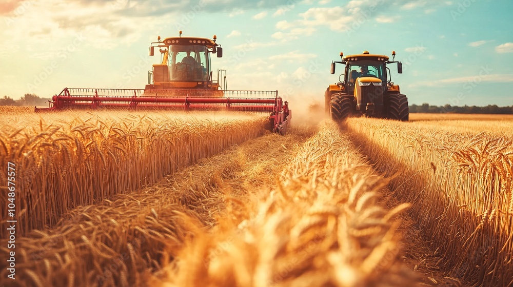 Obraz premium Combine harvester and tractor working together in a golden wheat field during harvest season, showcasing the beauty of agricultural machinery and the bounty of rural farming life