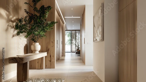 Minimalist hallway with wooden paneling, plant, and bench