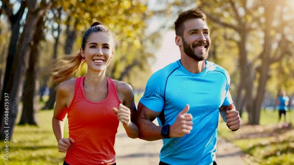 Cheerful athletic couple jogging through park.
Cheerful athletic couple jogging through park.