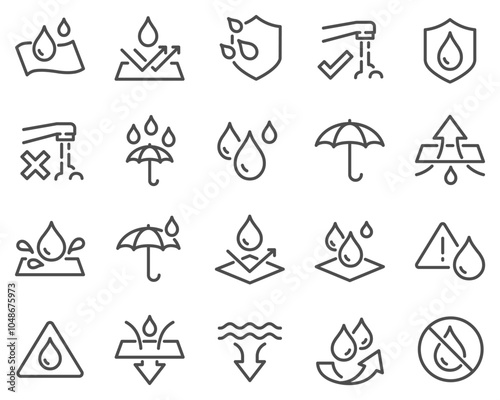 Simple Set of Waterproof Related Vector Line Icons. Contains such Icons as Drop Warning, Moisture Resistant Textile, Allowed to wash under water and more.