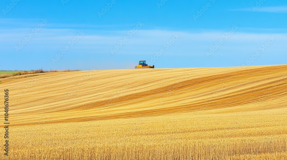 Obraz premium Autumn wheat harvest in north dakota featuring combine harvesters working in golden fields under clear blue skies, showcasing american farming and agriculture in a vast rural landscape