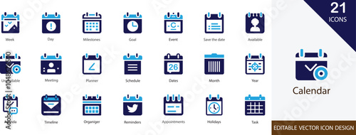 Calendar editable vector  icon set. with clock, period, note, future,  past, payday and more icons