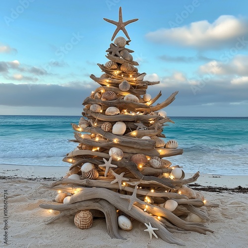 Christmas tree made of driftwood, sea shells and starfish on the evening beach photo