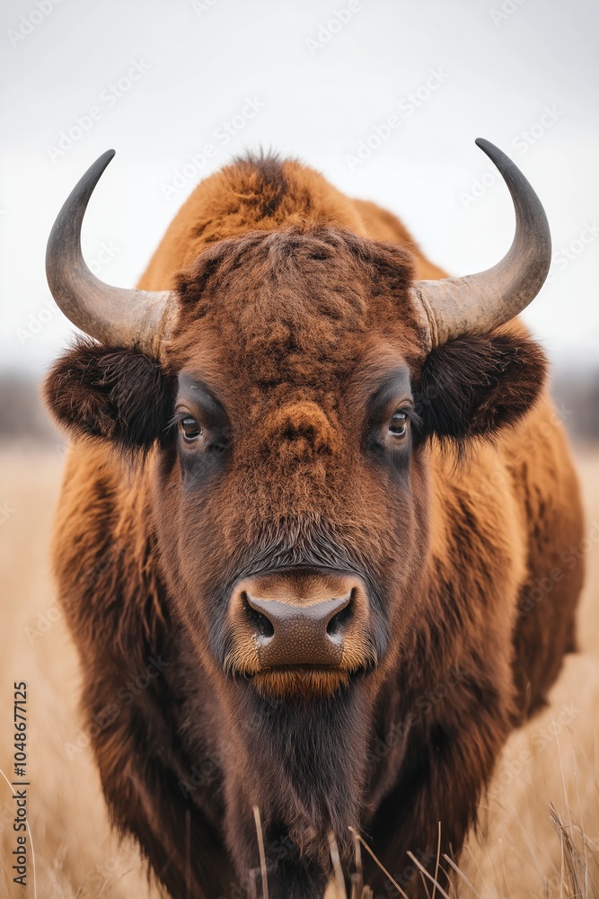 A powerful bison stands in a field, presenting its rugged features and large horns, highlighting its natural majesty. A powerful bison stands in a field, presenting its rugged features and large horns, highlighting its natural majesty.
